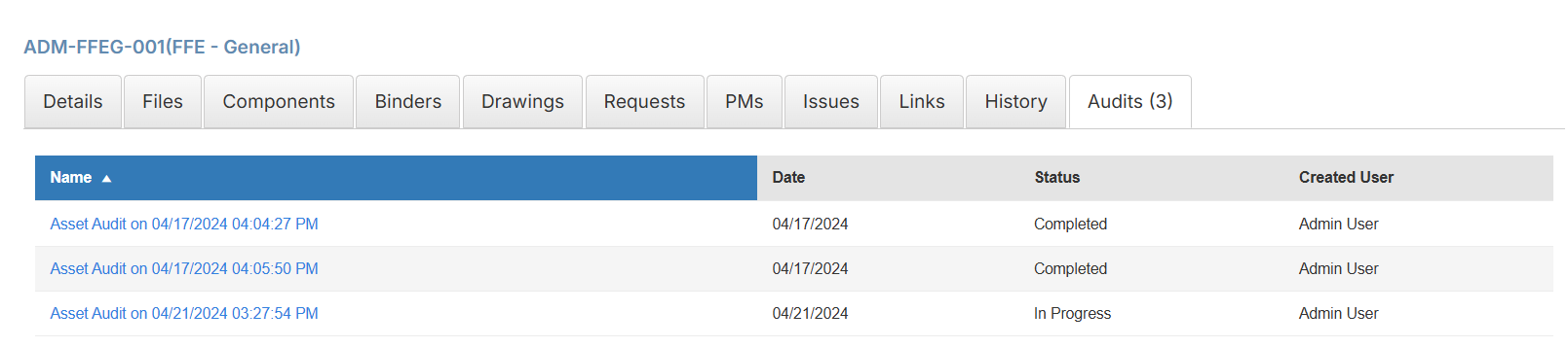 Asset record detail page with audit tab selected.